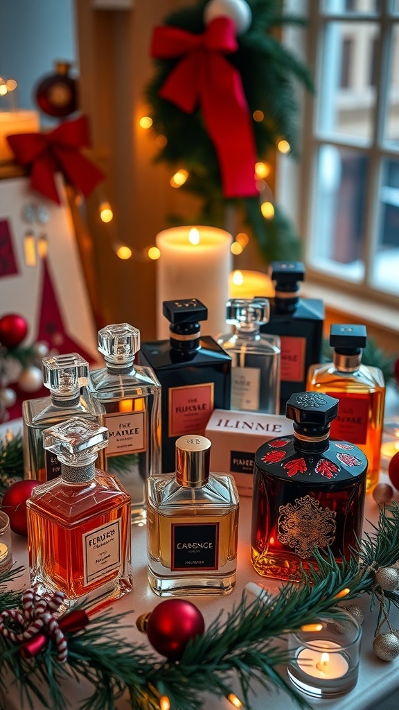 A collection of elegant perfume bottles arranged for Christmas gifting on a festive table with holiday decorations.